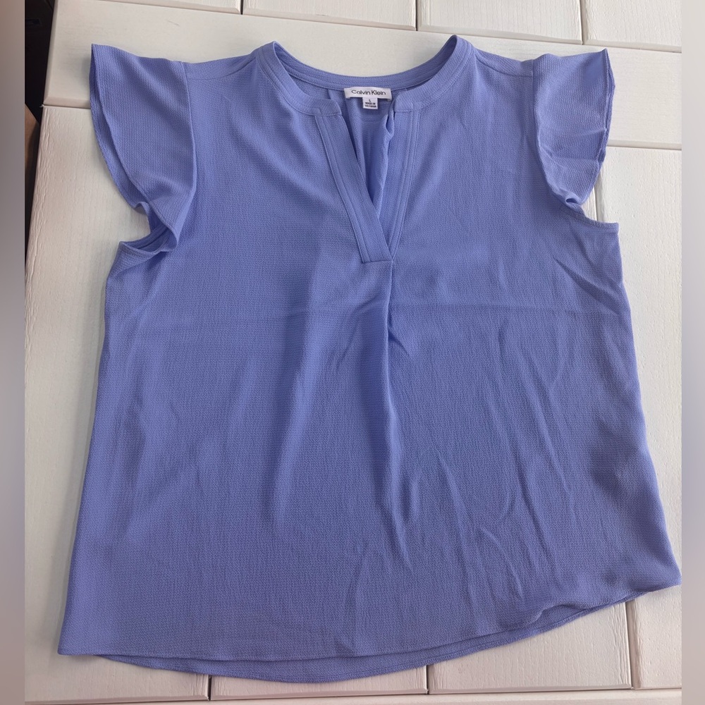 Calvin Klein Blue Flutter Sleeve Blouse Short Sleeve V Neck